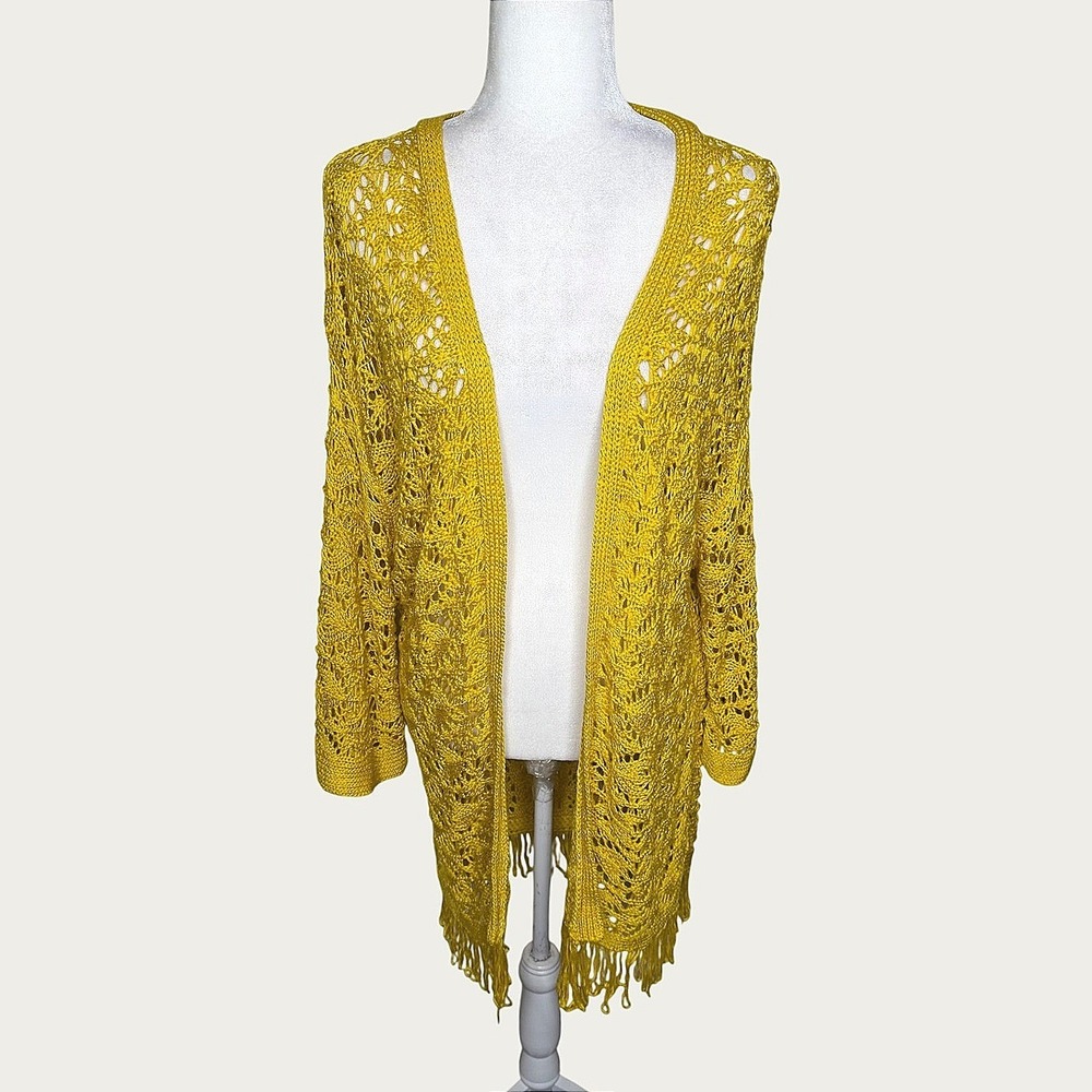 Curations Crochet Cardigan Women XL Yellow Good Open Knit Fringe Boho 602645